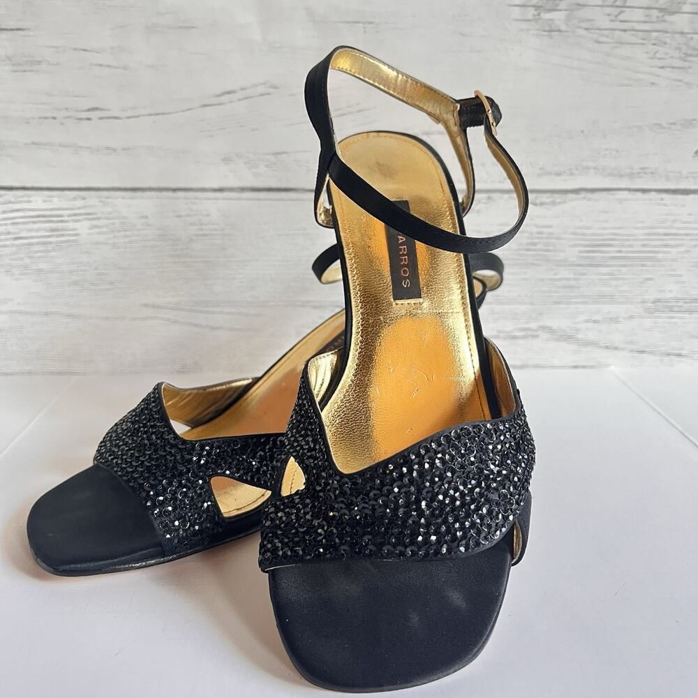 Vintage Caparros Black Silk Sequined Frances Sandal Heels, 5M